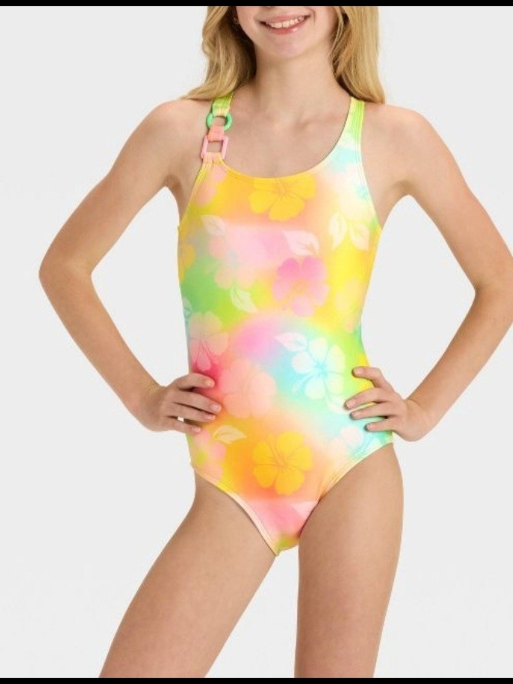 Cat & Jack Girls' Dreamy Hibiscus Floral Printed One Piece Swimsuit  XL(14) Plus